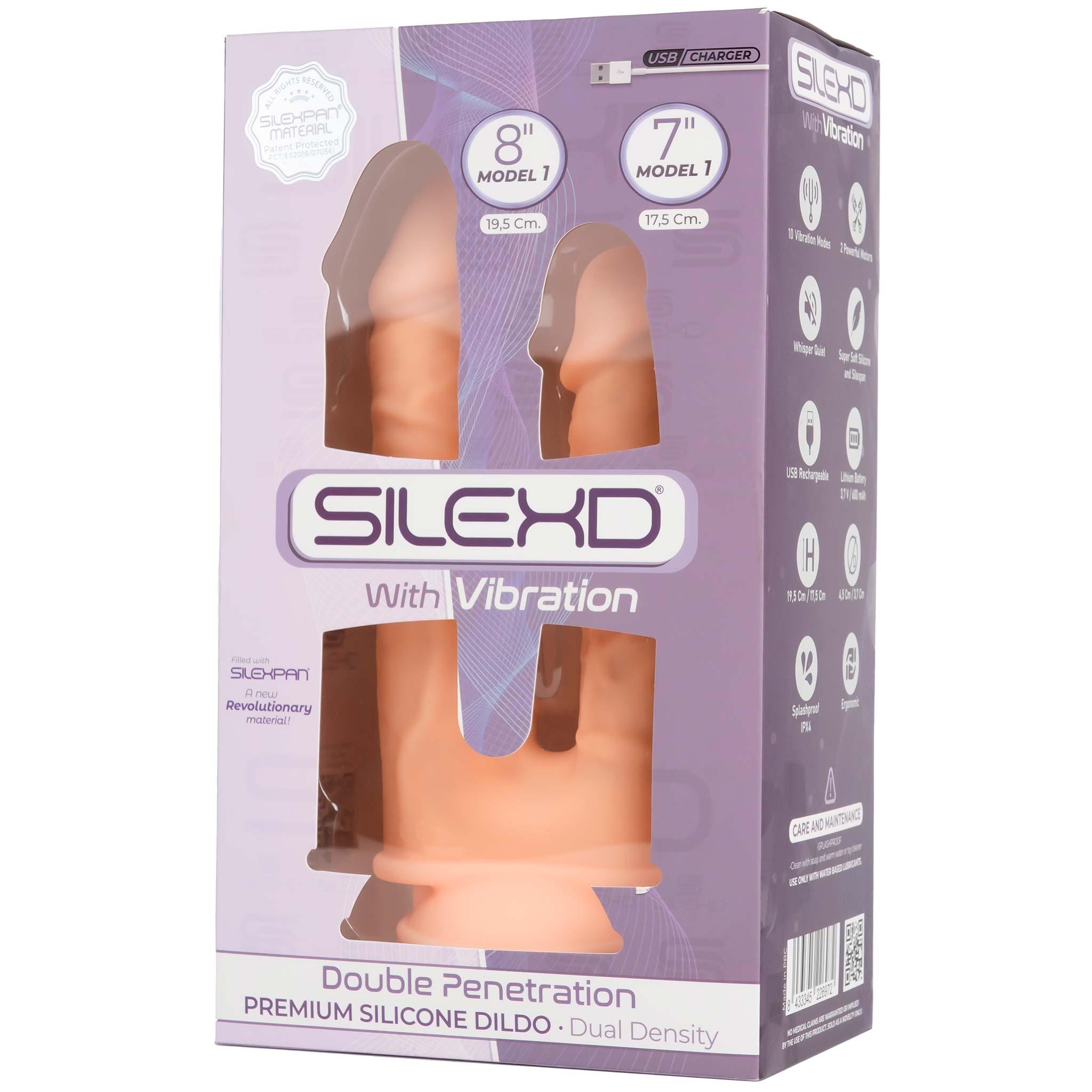 SILEXD Premium Silicone Dildo Model 1 Double Penetration Vibration, 17,5 & 19,5 cm, Light skin