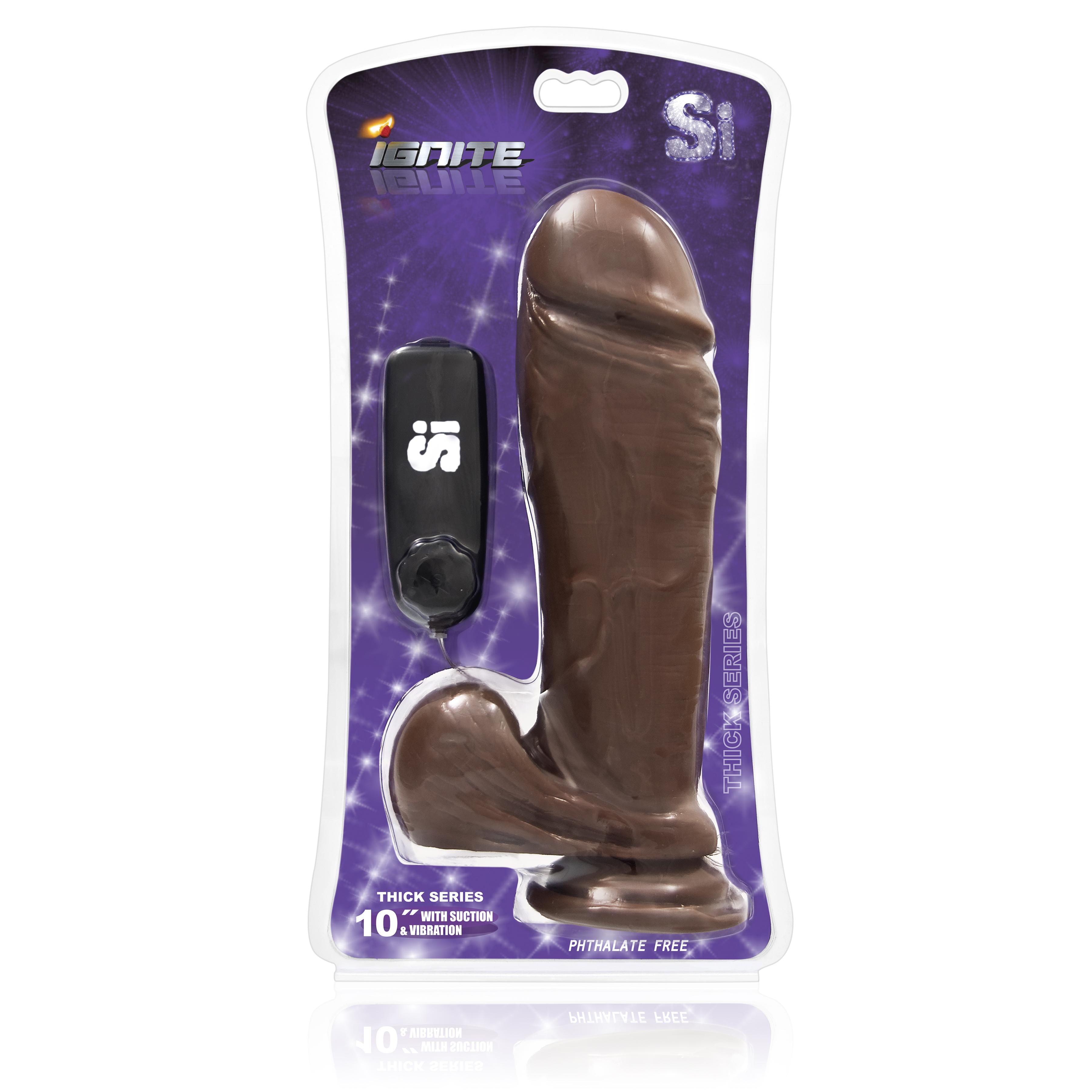 SI IGNITE Vibrating Thick Cock with Balls and Suction, 25 cm, Brown