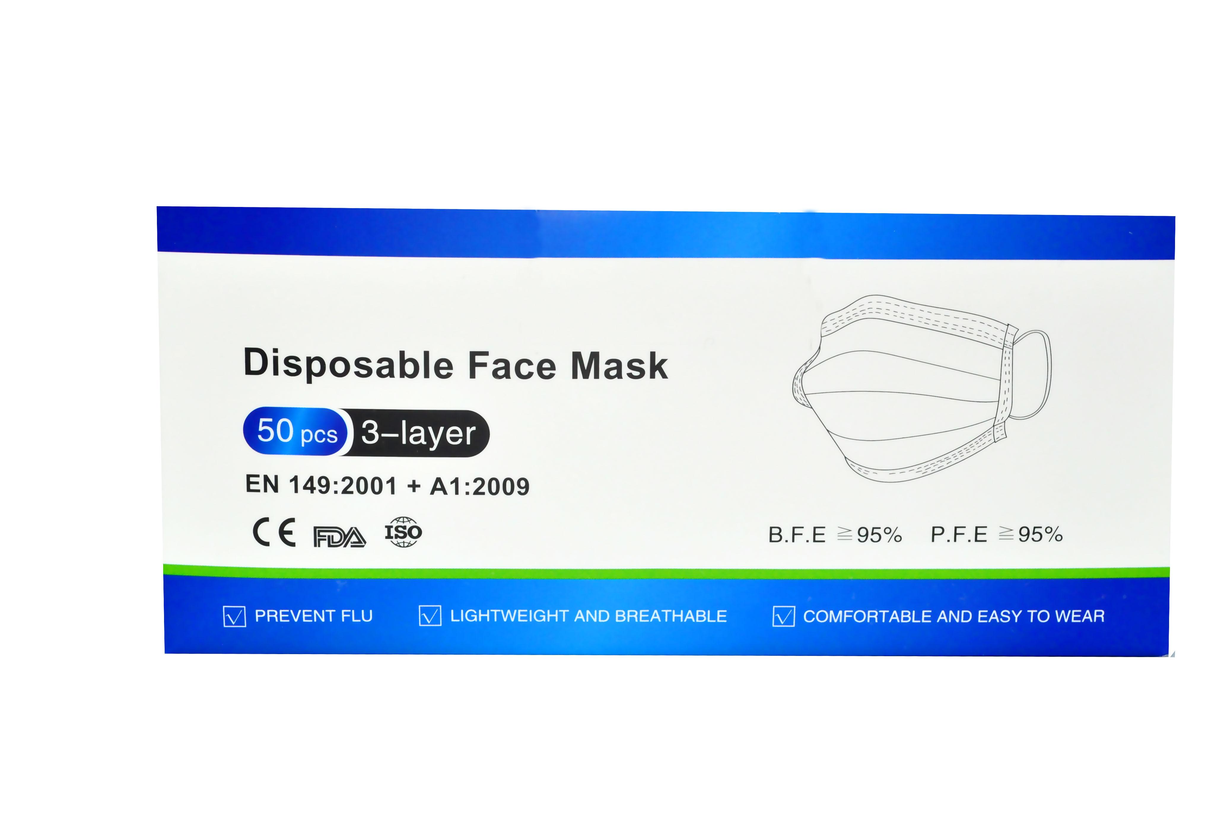 Disposable Face Mask, 3-Layer, Light Blue, 50 Pack