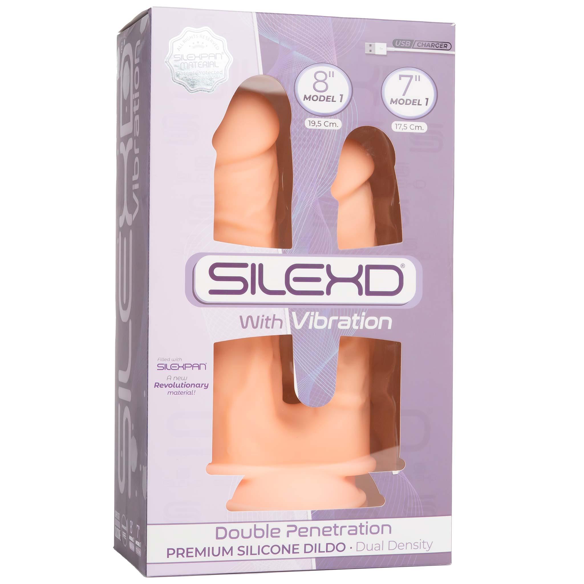 SILEXD Premium Silicone Dildo Model 1 Double Penetration Vibration, 17,5 & 19,5 cm, Light skin