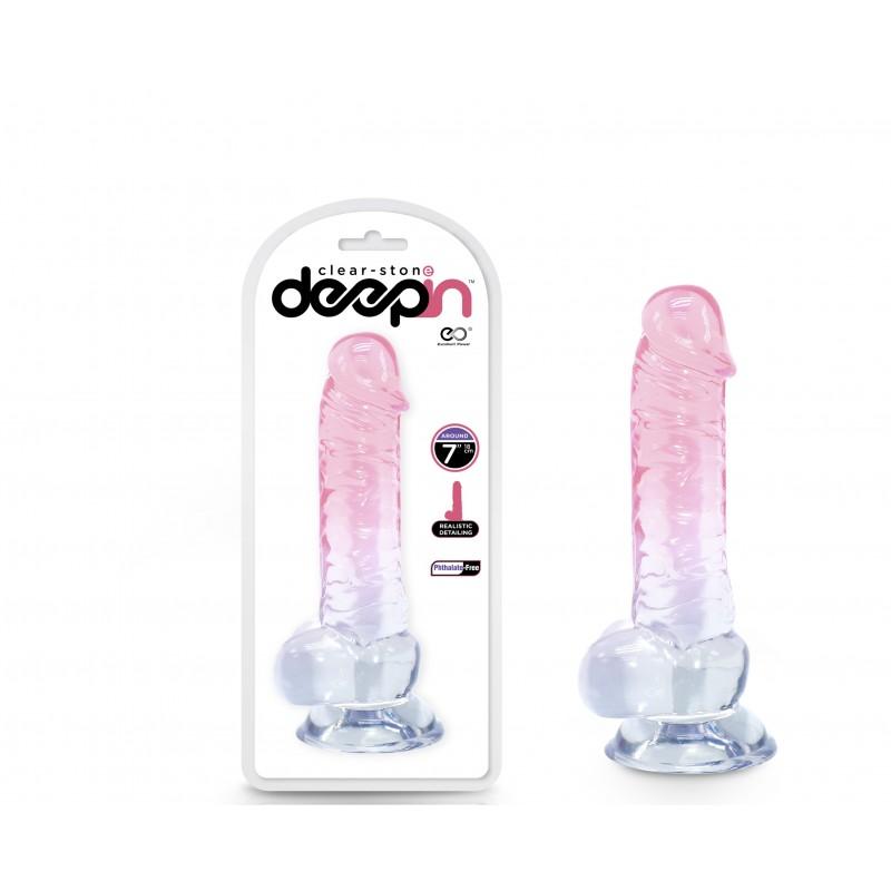 DEEP IN - CLEAR STONE - PENE  PVC 7" CON SUCCION EN COLOR ROSA TRANSPARENTE