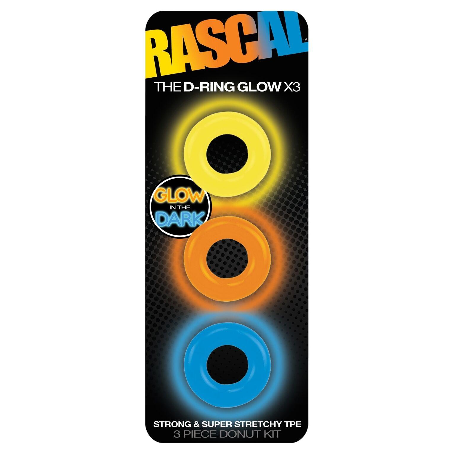 Rascal The D-Ring Glow X3, 3 Donut Cockrings, Multicolors, OS