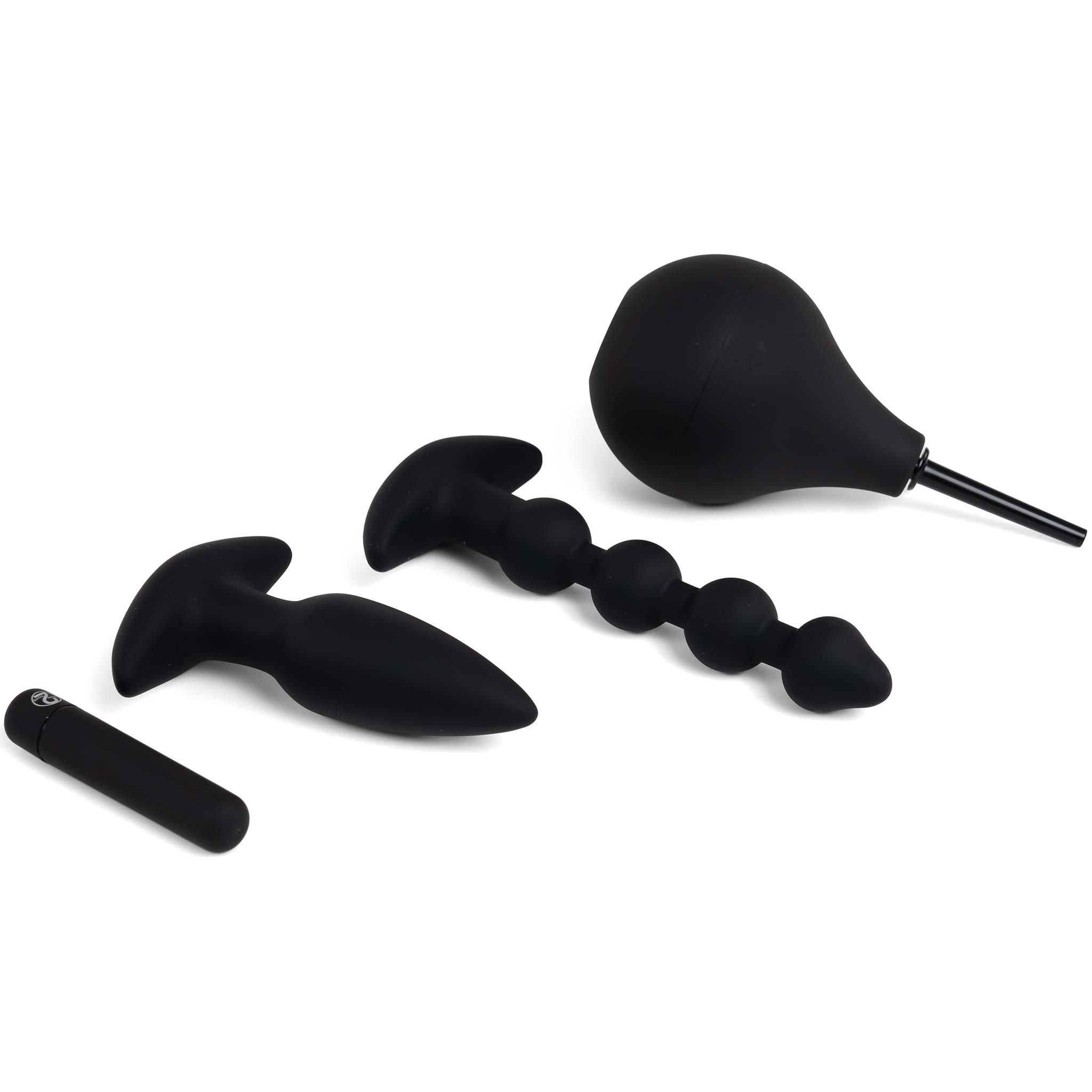 Black Velvets Anal Kit, plug, beads and intimate douche, Black, 18 cm